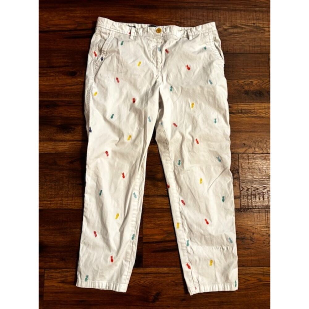 Talbots Women Size 14 White Chino Pants Embroidered Pineapple Stretch Relaxed